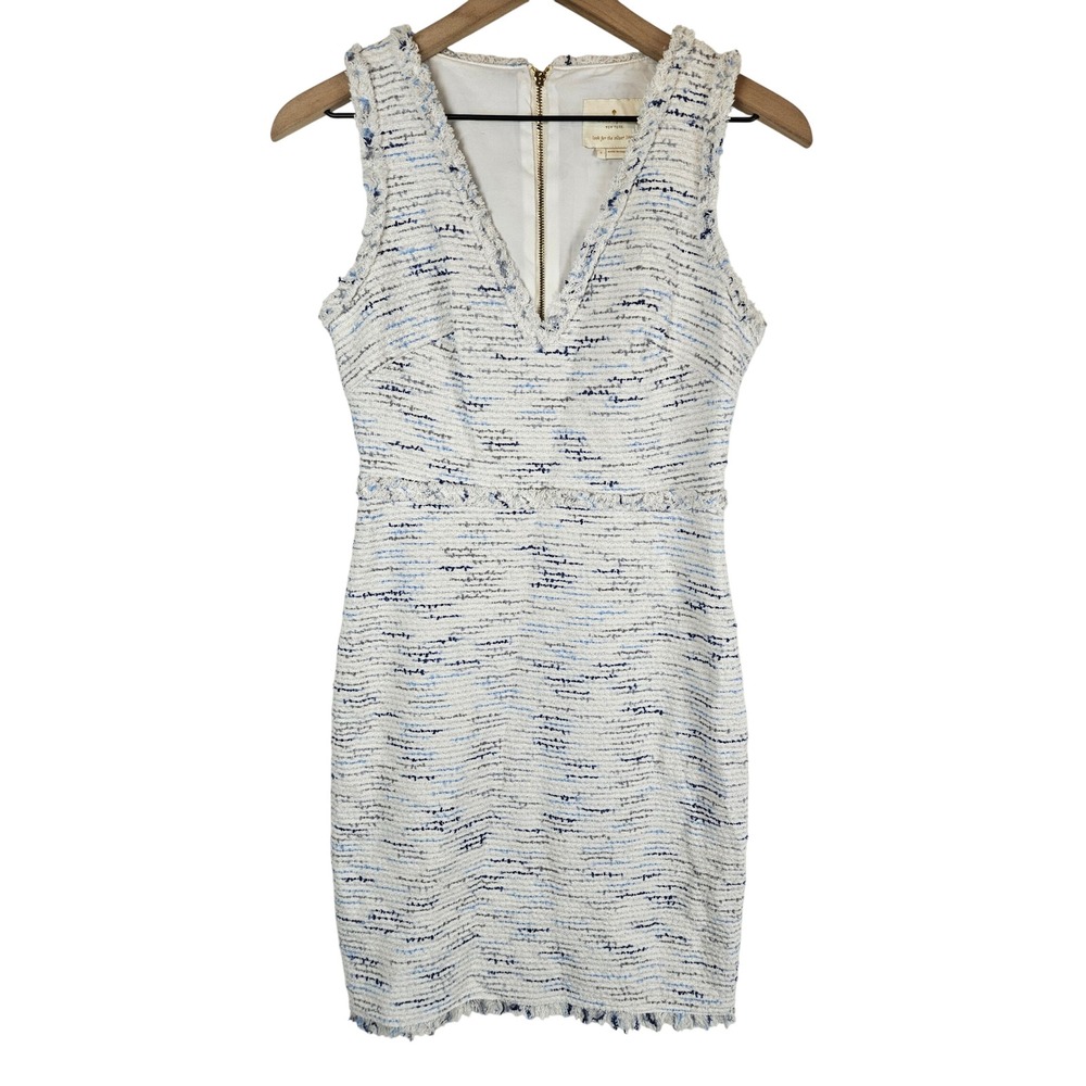 Kate Spade blue and white tweed fringe v neck dress,‎ size 2